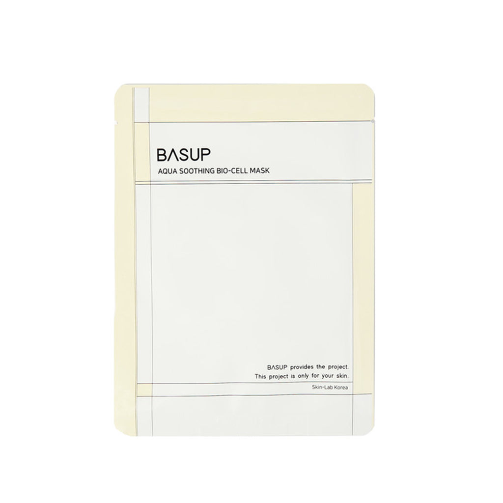 Front view of a BASUP Aqua Soothing Bio-Cell Mask packet with pale yellow borders on a white background.