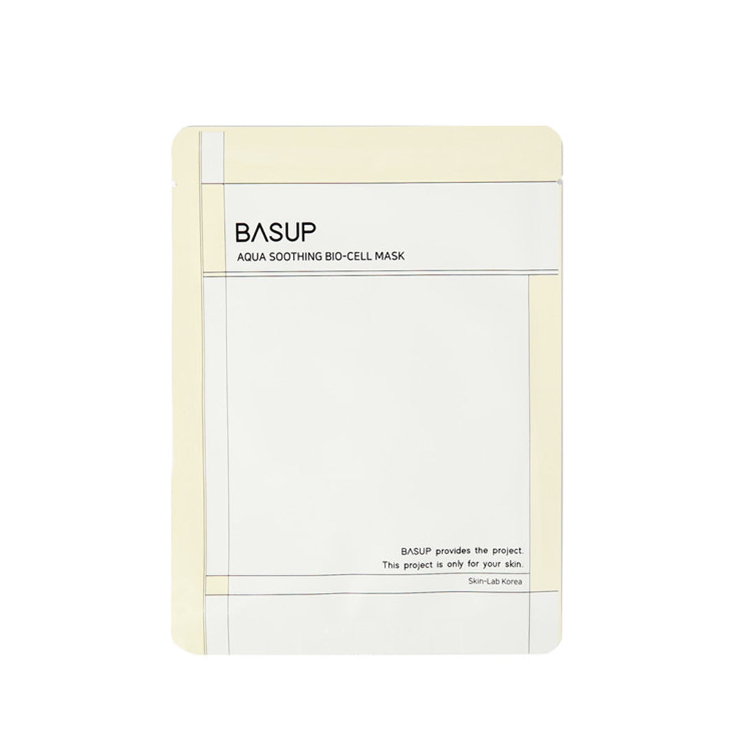 Front view of a BASUP Aqua Soothing Bio-Cell Mask packet with pale yellow borders on a white background.